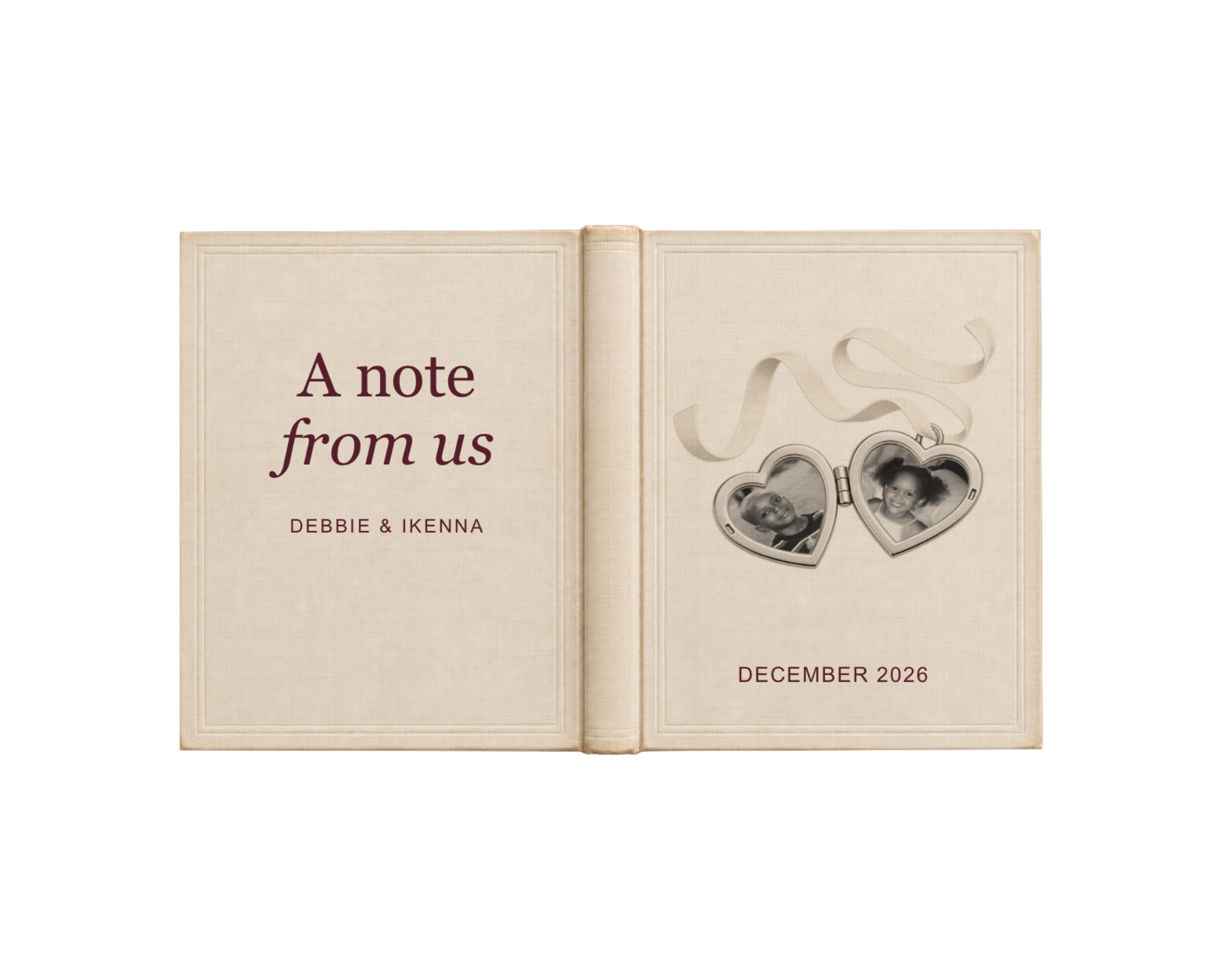 An ivory vintage book with a note from us and a heart locket